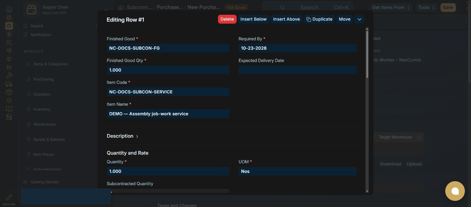 Prepare the source purchase order — redacted NexCom tutorial image