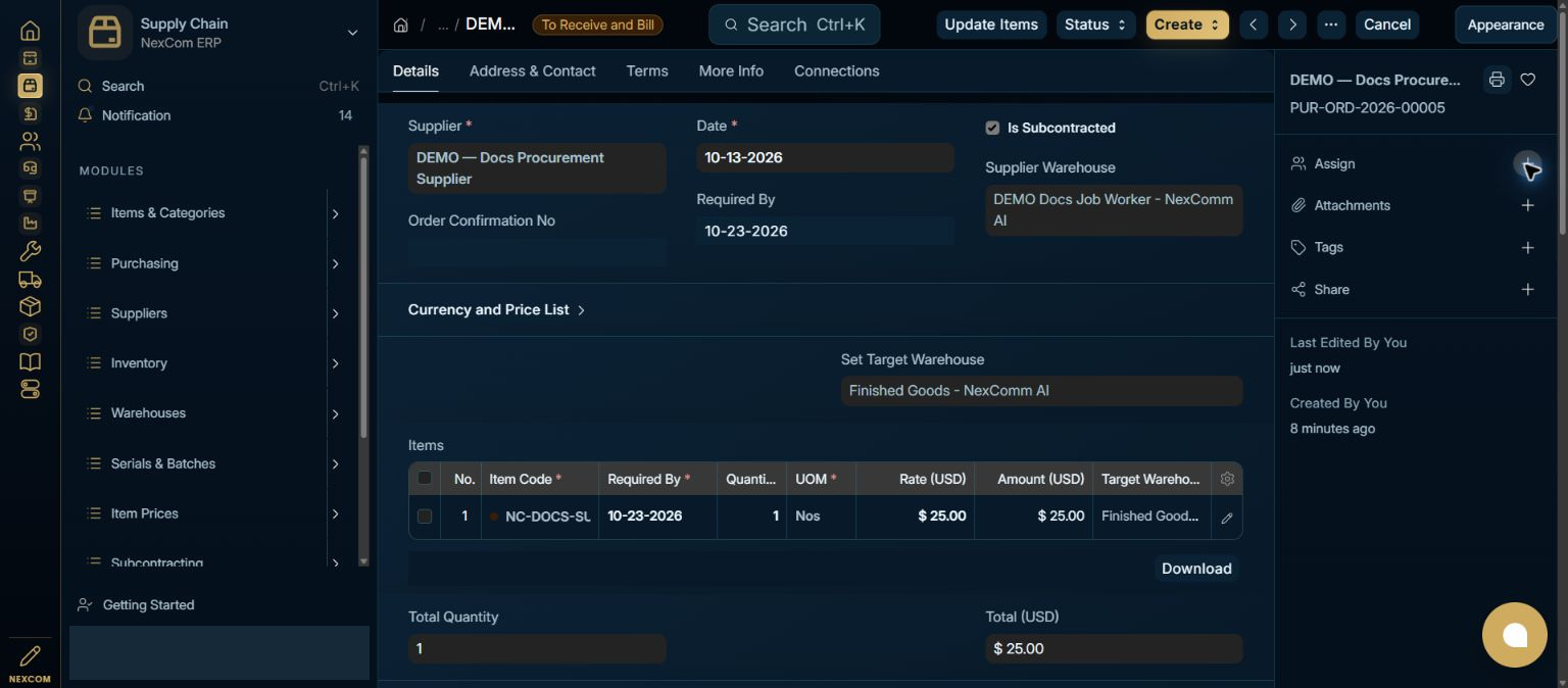 Submit the purchase order — redacted NexCom tutorial image