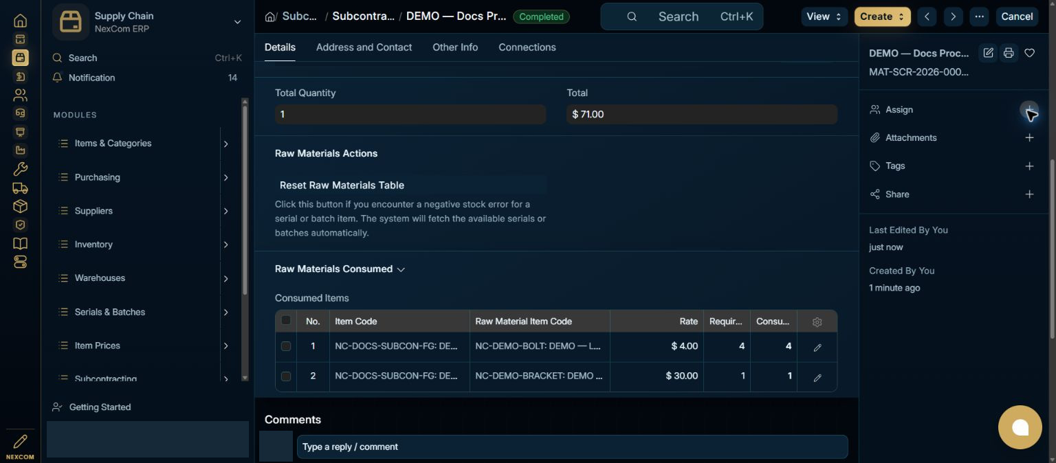 Submit the finished-goods receipt — redacted NexCom tutorial image