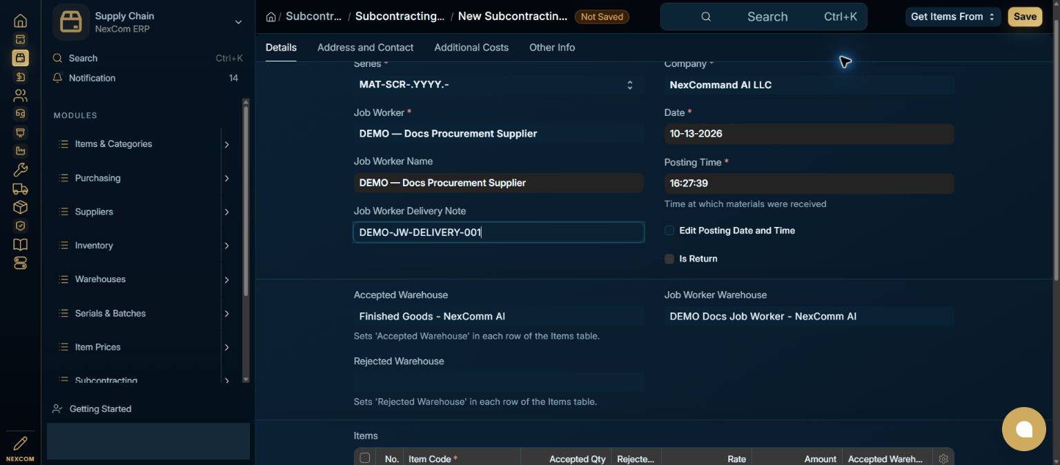 Review the delivery and accepted quantity — redacted NexCom tutorial image