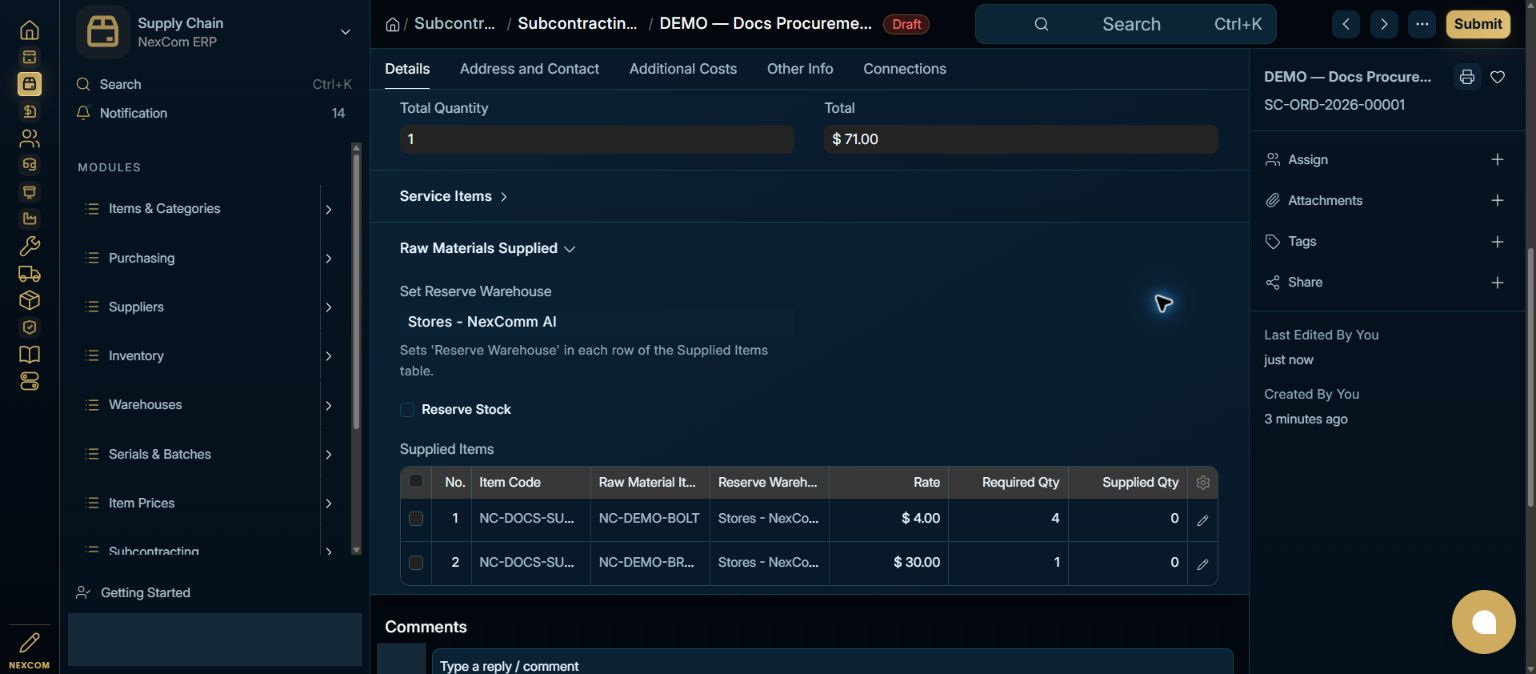 Review the BOM and supply warehouse — redacted NexCom tutorial image