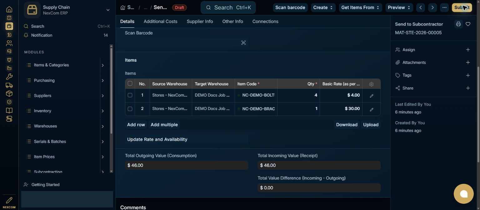 Verify materials, warehouses and valuation — redacted NexCom tutorial image