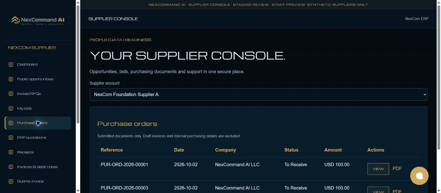 Open Purchase orders — redacted NexCom tutorial image