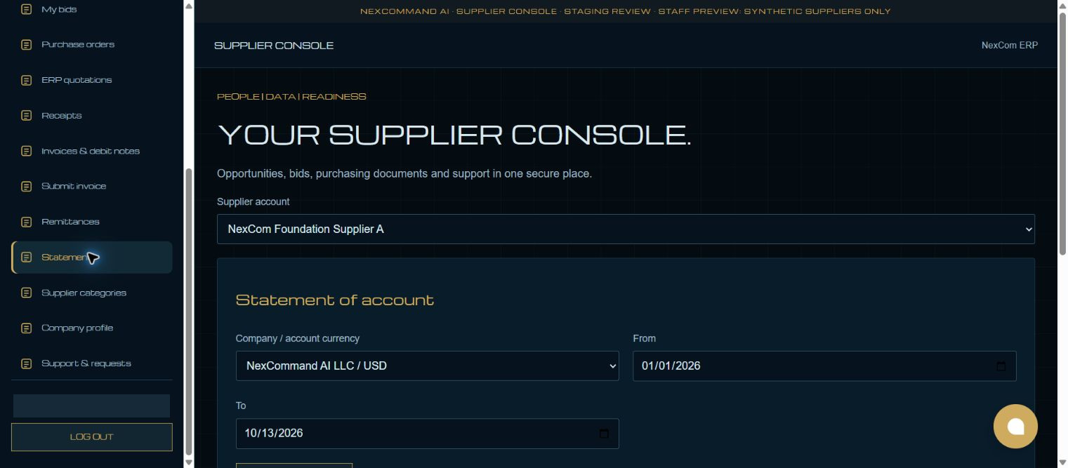 Select account currency and dates — redacted NexCom tutorial image