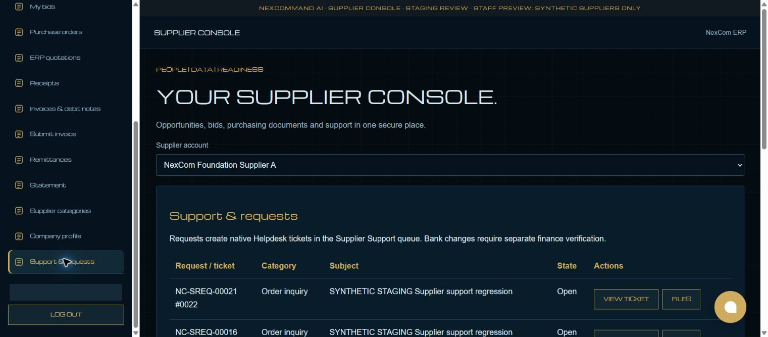 Open supplier support — redacted NexCom tutorial image