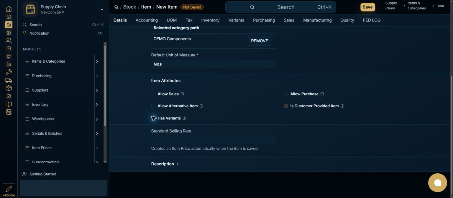Create a template item — redacted NexCom tutorial image