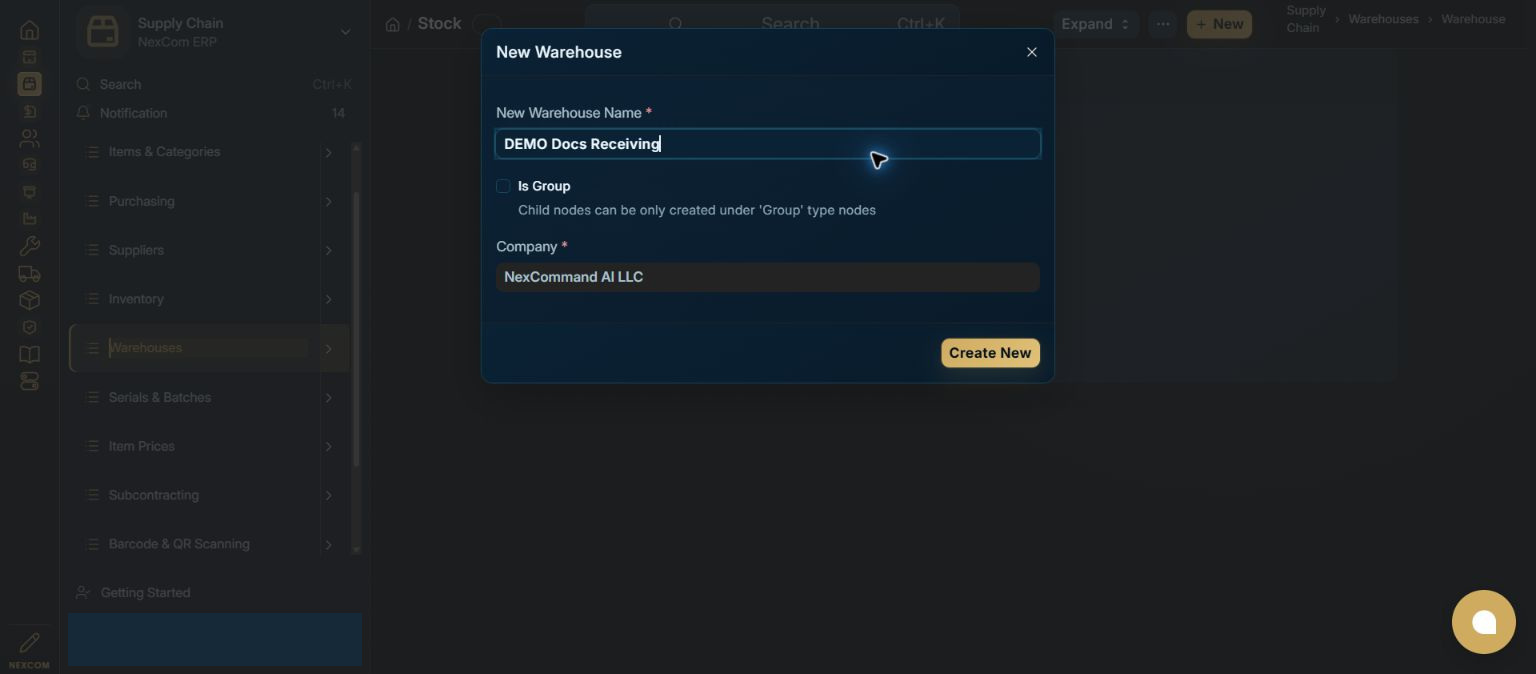 Name the warehouse — redacted NexCom tutorial image